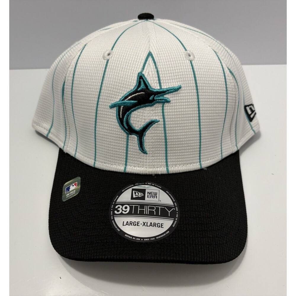 Miami Marlins Hat Cap Fitted Adult Large White Pinstripe MLB Baseball Logo Mens